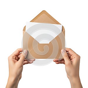 Hands holding an open brown envelope with a blank letter inside