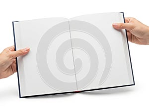 Hands holding open notebook isolated on white background