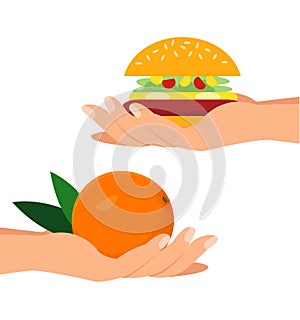 Hands Holding Orange and Burger Flat Illustration