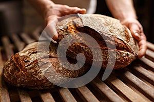 Hands holding organic bread in authentic bakery setting