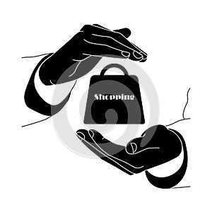Hands holding a package or shopping icon flat logo in black color on isolated white background. EPS 10 vector