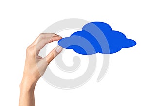 Hands holding paper clouds on white background.