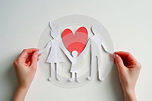 Hands holding paper family cutout on grey background, top view. Life and health Insurance concept.