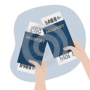 Hands holding passports and plane tickets. Travel flat illustration