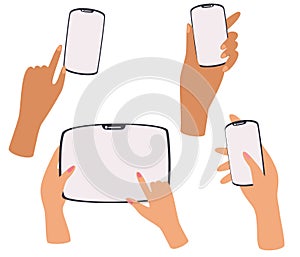 Hands holding phone, tablet, smartphone. Set of different gestures. Phone in hand. Vector illustration