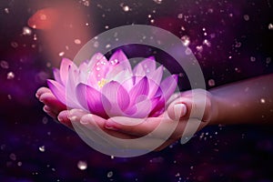 hands holding pink lotus flower, generative AI