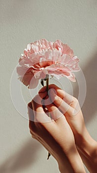 Hands holding pink peony flower in sunlight