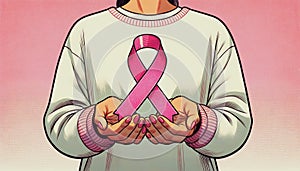 Hands holding a pink ribbon for breast cancer awareness, with a soft pink background