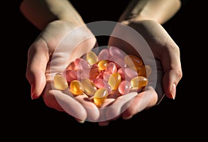 Hands holding pink and yellow translucent pills containing vitamin D, fish oil or omega 3