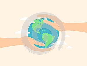 Hands holding planet Earth on a beige background. Vector illustration