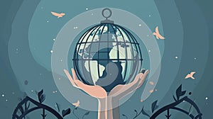 Hands holding planet earth in a birdcage. illustration Generative AI