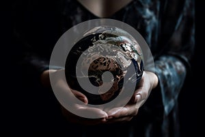 Hands holding Planet Earth. Earth Day conceptual illustration. Generative AI