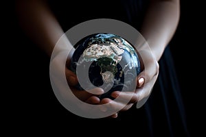 Hands holding Planet Earth. Earth Day conceptual illustration. Generative AI