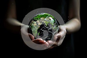 Hands holding Planet Earth. Earth Day conceptual illustration. Generative AI