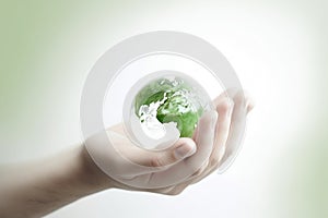 Hands holding Planet Earth. Earth Day conceptual illustration. Generative AI