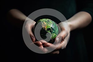 Hands holding Planet Earth. Earth Day conceptual illustration. Generative AI