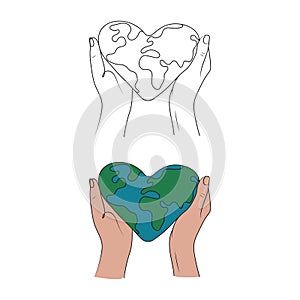 Hands holding planet, earth. Line art