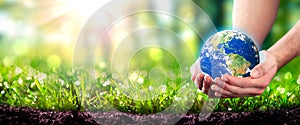 Hands Holding Planet Earth In Lush Green Environment