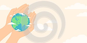 Hands holding planet Earth in palms on cloudy beige background with copy space. Vector illustration