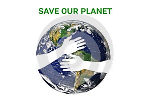 Hands holding planet Earth on white background, environmental concept, elements of this image furnished by NASA