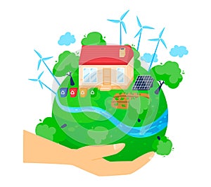 Hands holding planet with eco-friendly house, wind turbines, and solar panels. Renewable energy and sustainable living