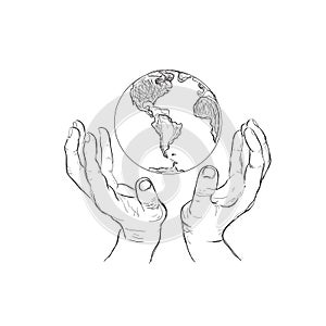 Hands holding planet, sketch style, vector illustration
