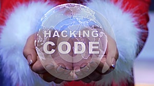 Hands holding planet with text Hacking code