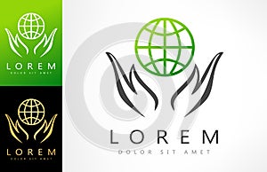 Hands holding planet vector logo