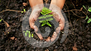 Hands holding a plant on fertile soil. Ecology concept