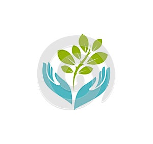 Hands holding plant logo. Environment, nature, agriculture symbol or icon