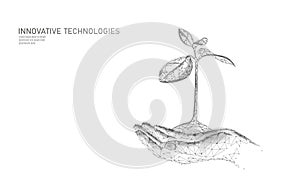 Hands holding plant sprout ecological abstract concept. 3D render seedling tree leaves. Save planet nature environment