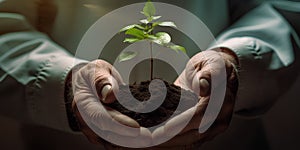 hands holding planting the seedlings into the soil over nature on green background