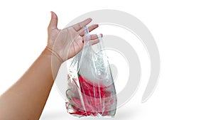 hands are holding plastic containing large red chilies on a white background