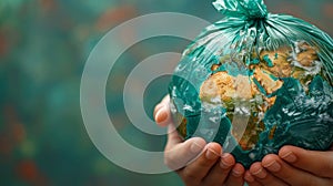 Hands Holding a Plastic-Wrapped Earth on Green Background