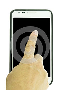 Hands are holding and point on A Big Screen Smart Phone isolated on white background