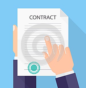 Hands holding and reading contract Flat style Business concept.