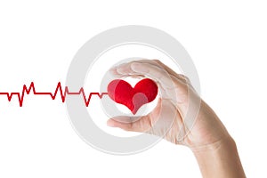 Hands holding red heart with ecg line on white background,