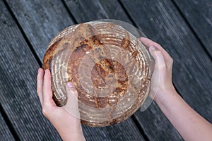 Hands holding round bread with crunchy crust