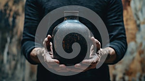 Hands holding a rustic ceramic vase in a workshop