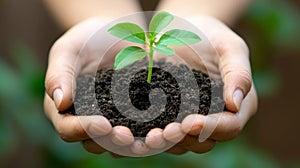Hands holding a sapling in soil.