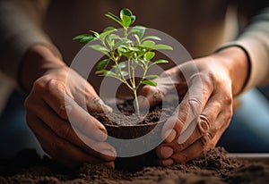 hands holding seedling in a pot for planting