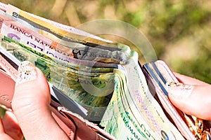 Hands holding and showing wallet with romanian money LEI