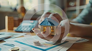 Hands Holding Miniature House. AI generated