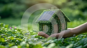 Hands holding a small house with solar panels on the green background. AI Generated