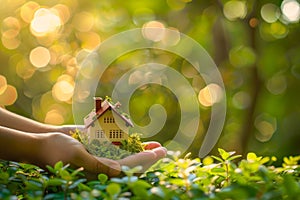 Hands holding small model home