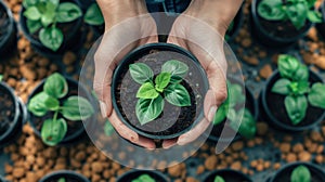 The hands holding seedling.AI generated image