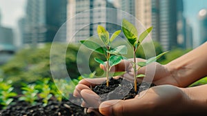 Hands holding small saplings growing, with a city and industries in the background. Generative AI