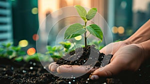 Hands holding small saplings growing, with a city and industries in the background. Generative AI