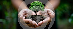 Hands holding a small tree growing from soil