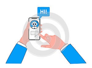 Hands holding smart phone for chatting with ai bot